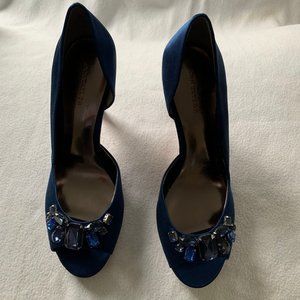 Ann Taylor Navy Blue Satin Evening Pumps with Rhinestones Size 9
